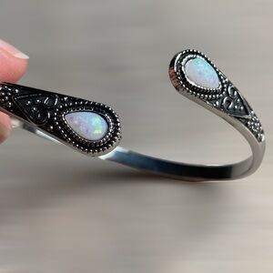 Inlaid Light Blue Agate Bracelet Fashion Retro Carved Silver Adjustable Cuff